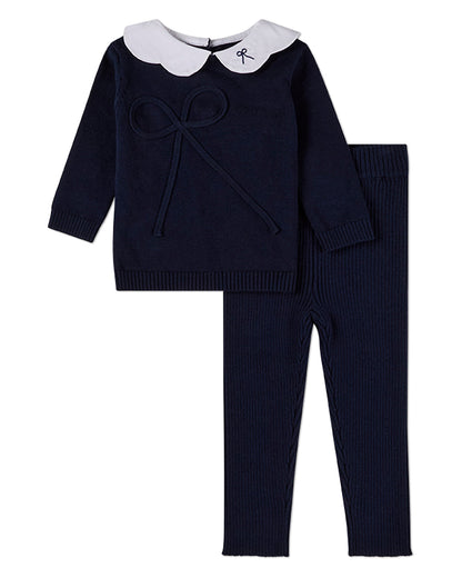 2 Piece Baby and Toddler Girls Pop-Collar Cotton Knit Bow-Trim Set