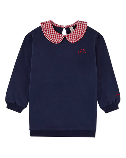 Girls Gingham-Ruffled-Collar Cotton-Rich Fleece Sweatshirt Dress