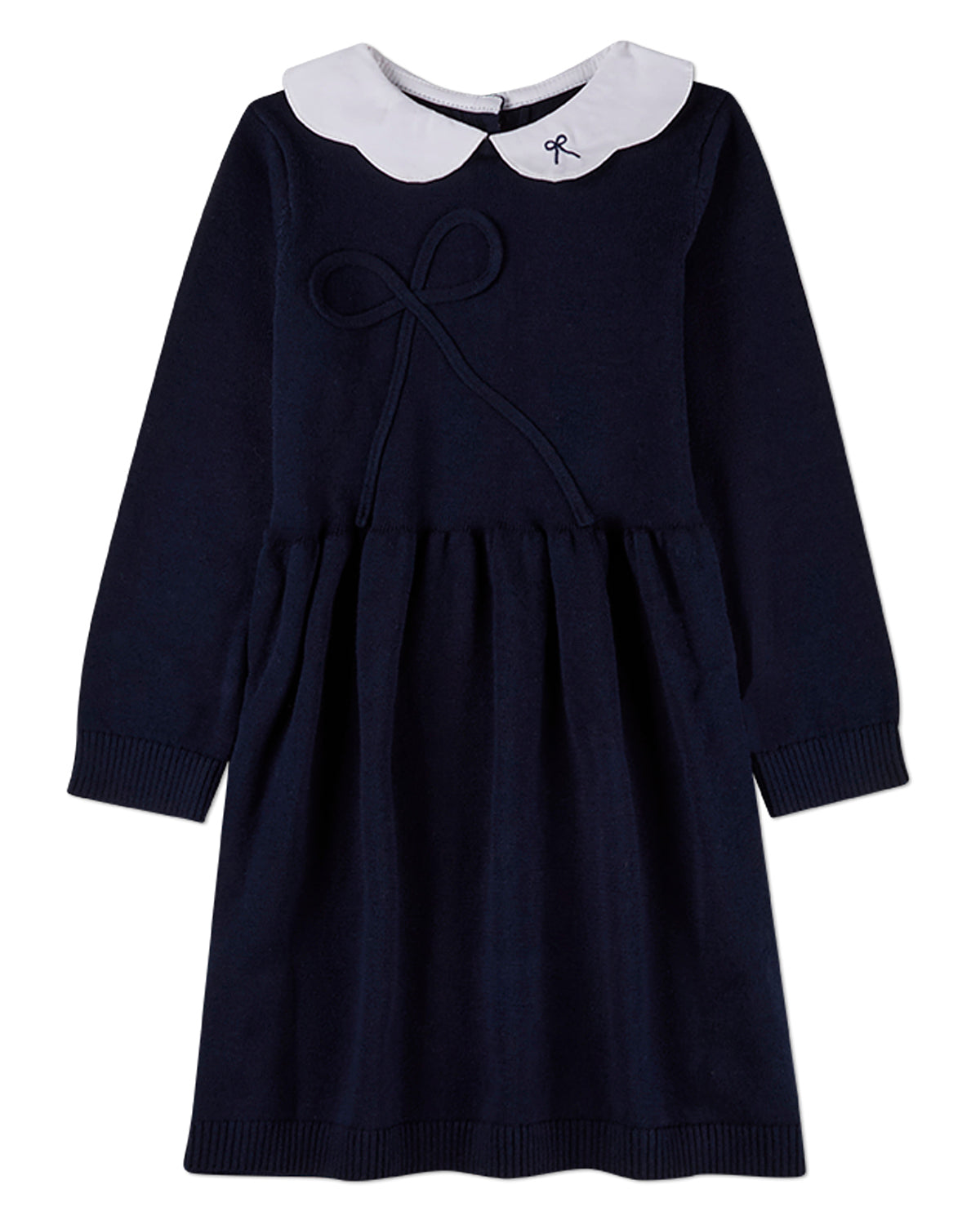 Girls 100% Cotton Midi Dress with Scalloped Pop Collar and Bow Accents