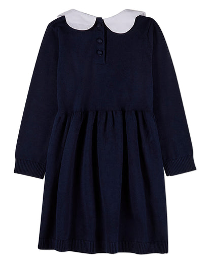 Girls 100% Cotton Midi Dress with Scalloped Pop Collar and Bow Accents