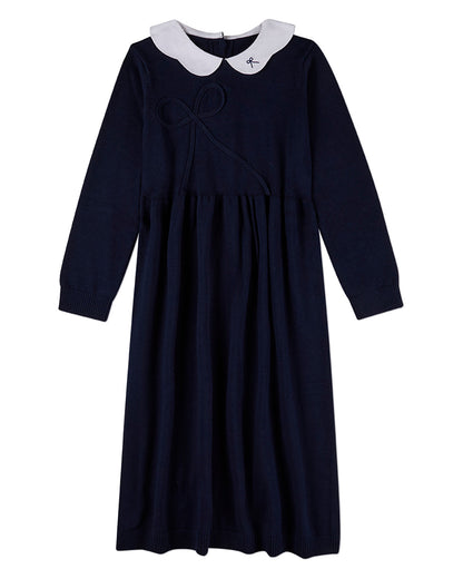 Girls 100% Cotton Maxi Dress with Scalloped Pop Collar and Bow Accents