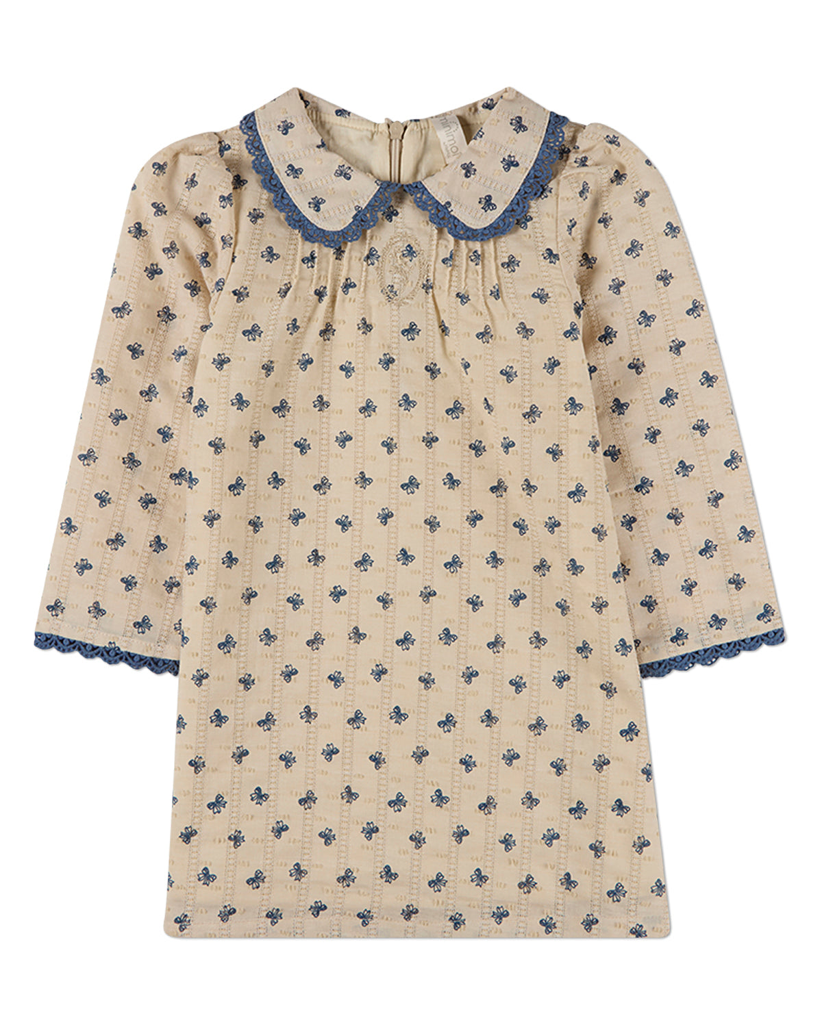 Girls Embroidered-Bow 100% Cotton Pointelle Lace-Trim Mini-Print Dress