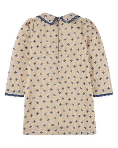 Girls Embroidered-Bow 100% Cotton Pointelle Lace-Trim Mini-Print Dress