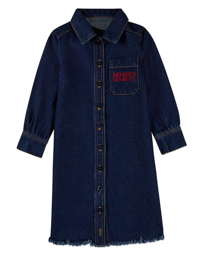Girls 100% Cotton Denim Shirt-Collared Button-Down Knee-Length Dress