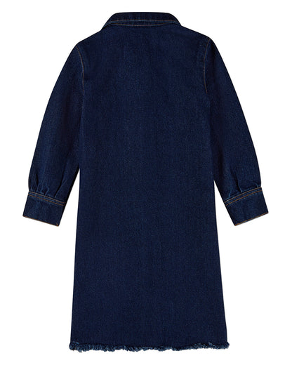 Girls 100% Cotton Denim Shirt-Collared Button-Down Knee-Length Dress