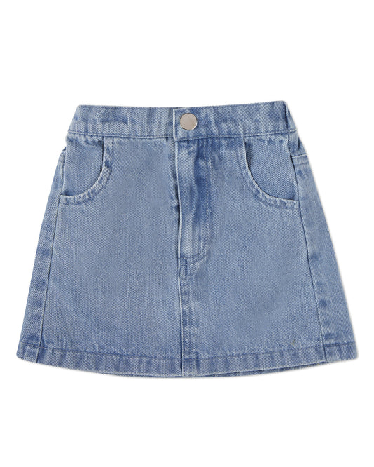 Girls 100% Cotton Blue Denim Back-Elastic Skirt