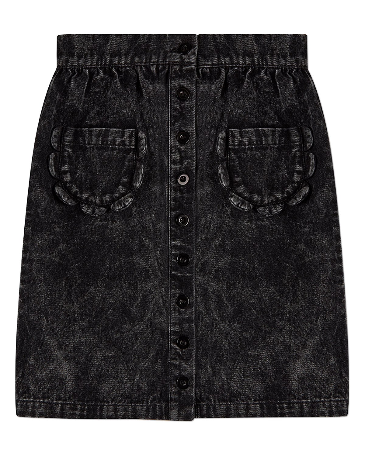 Girls 100% Cotton Denim Button-Front Long Skirt with Scalloped Pockets