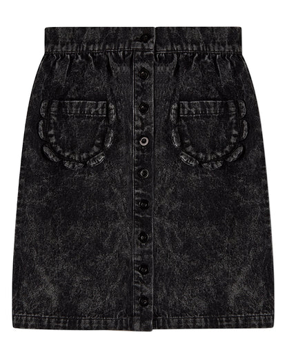 Girls 100% Cotton Denim Button-Front Long Skirt with Scalloped Pockets