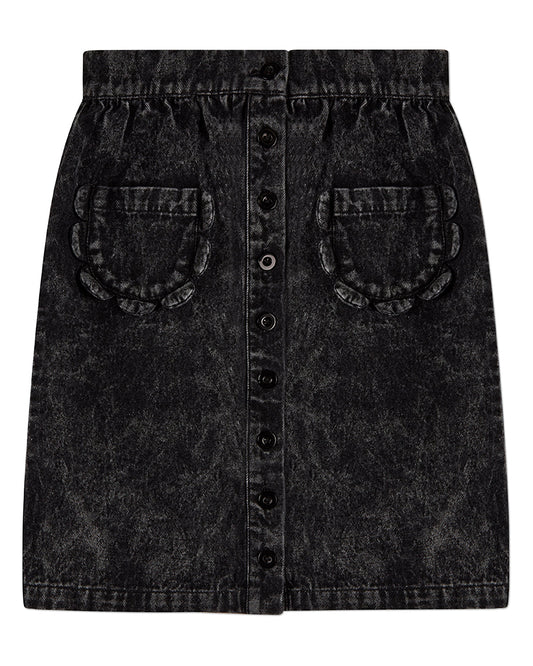 Girls 100% Cotton Denim Button-Front Long Skirt with Scalloped Pockets