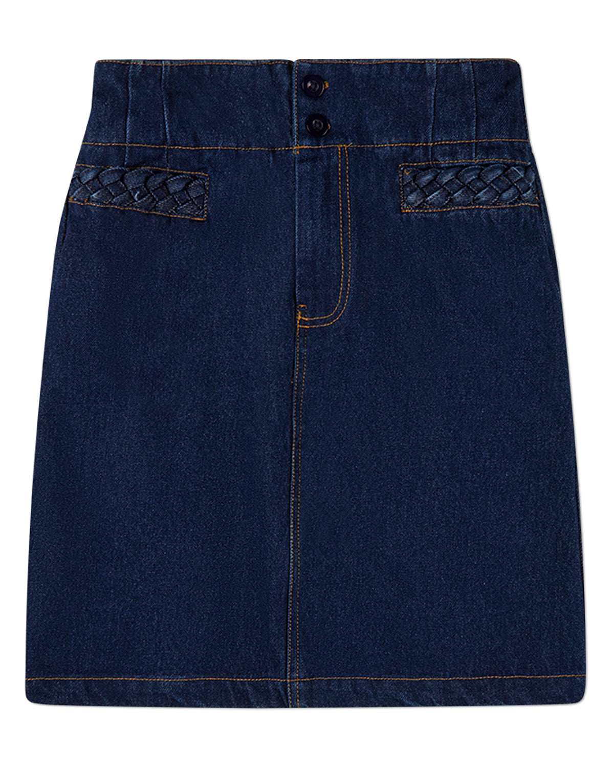 Girls 100% Cotton Denim Long Skirt with Braided-Trim Pockets
