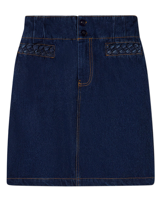Girls 100% Cotton Denim Long Skirt with Braided-Trim Pockets