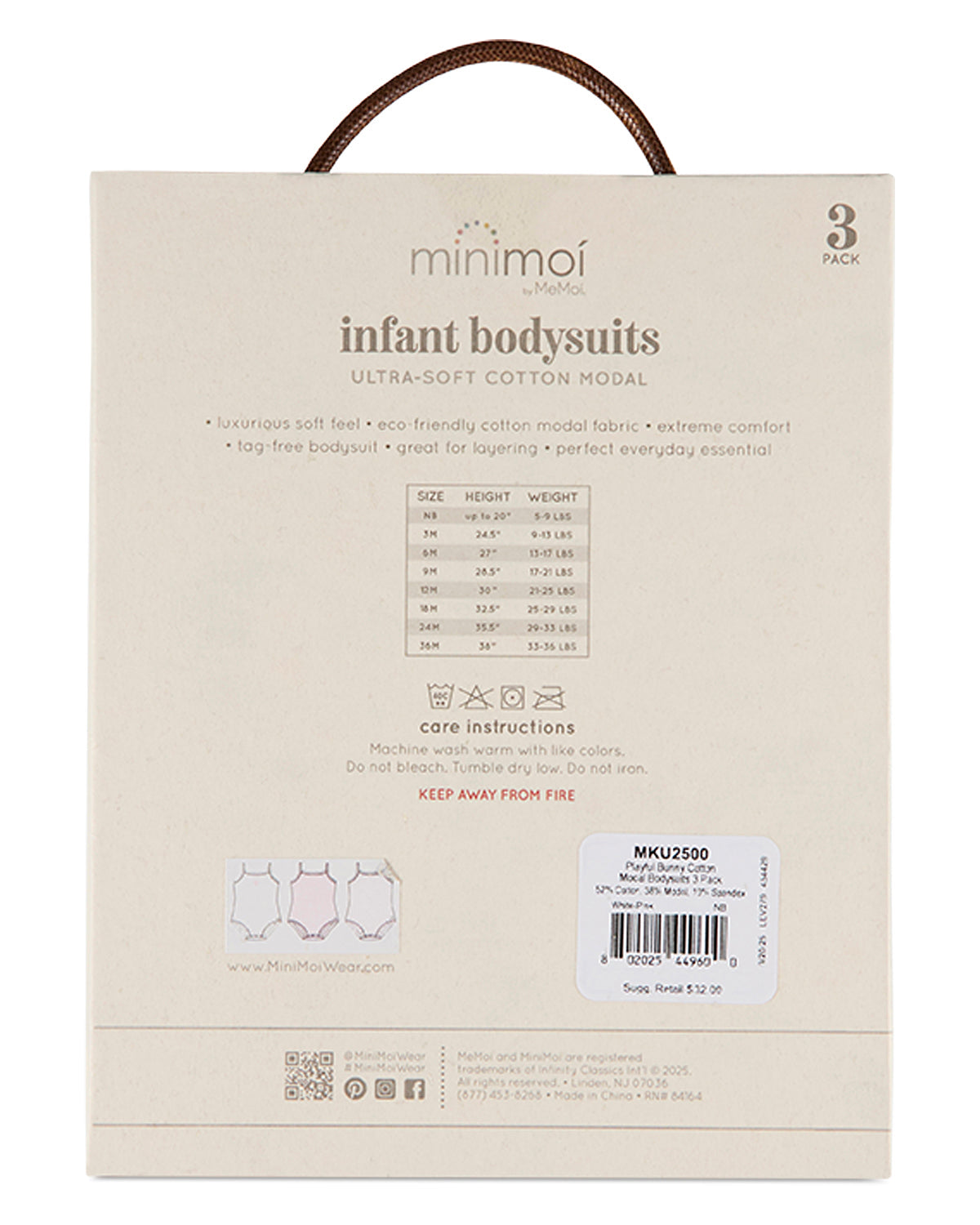 3 Pack Baby "Playful Bunny" Cotton / Modal Tag-Free Bodysuits