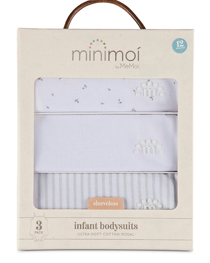 3 Pack Baby Cotton / Modal Bodysuits - Petite Leaves, Stripes, Solid