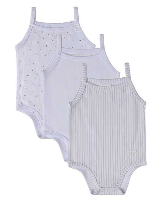 3 Pack Baby Cotton / Modal Bodysuits - Petite Leaves, Stripes, Solid