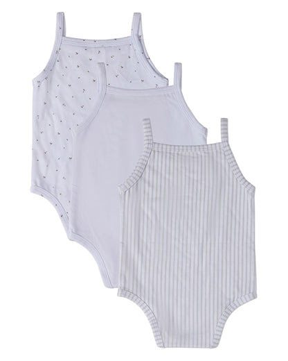 3 Pack Baby Cotton / Modal Bodysuits - Petite Leaves, Stripes, Solid